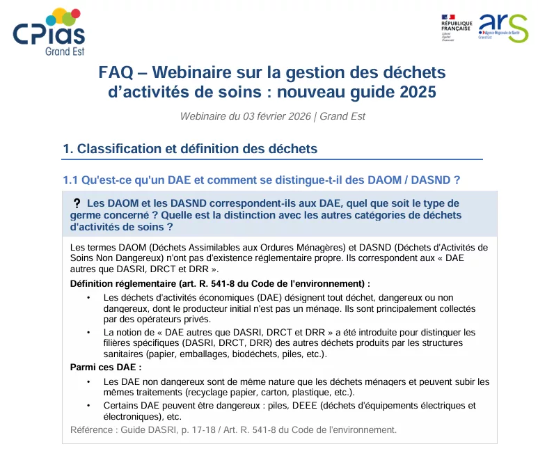 FAQ – Webinaire sur la gestion des déchets d’activités de soins : nouveau guide 2025